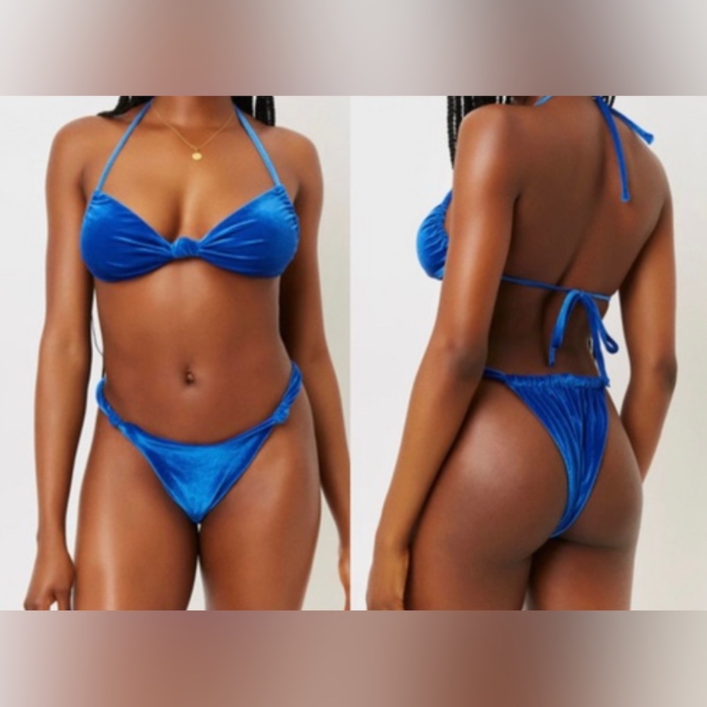 FRANKIES BIKINIS Gabe blue velvet halter top / cheeky bottoms bikini ( 2…
